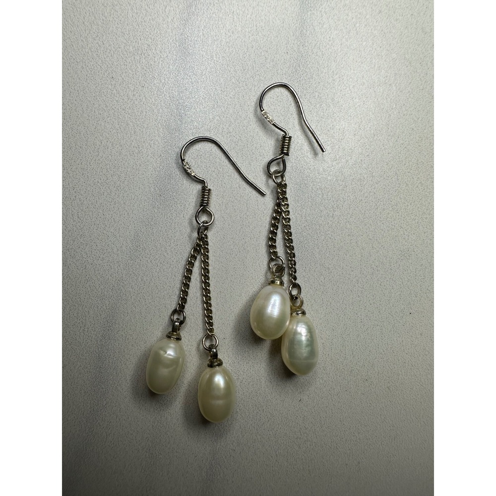925 Sterling Silver Freshwater Pearl Double Tiered Dangle Drop Earrings Cream‎